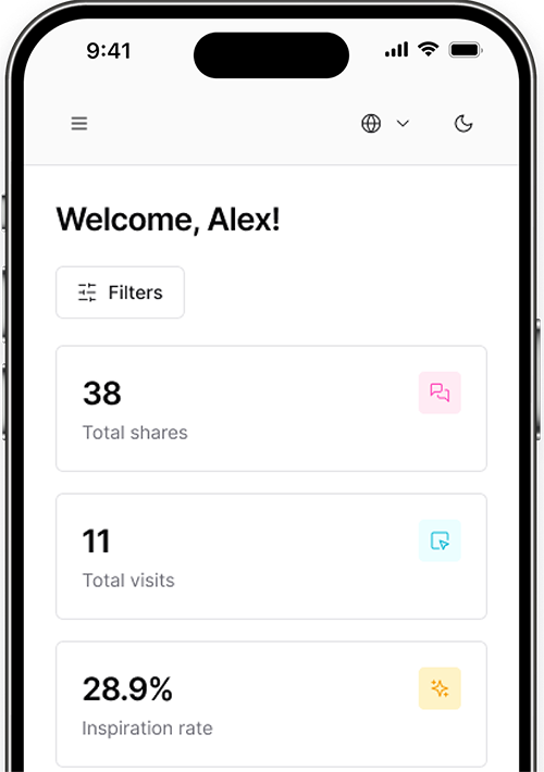 The MyStats mobile dashboard showing total shares, visits and inspiration rate