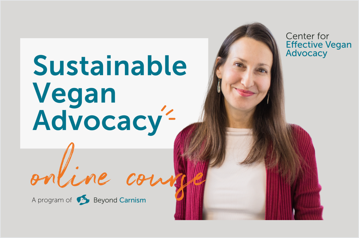 Dr Melanie Joy beside the artwork for the Sustainable Vegan Advocacy online course