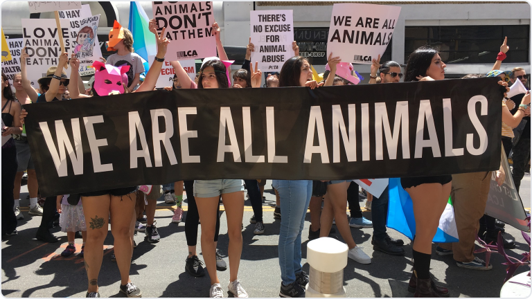 Protesters holding a sign reading "We are all animals"