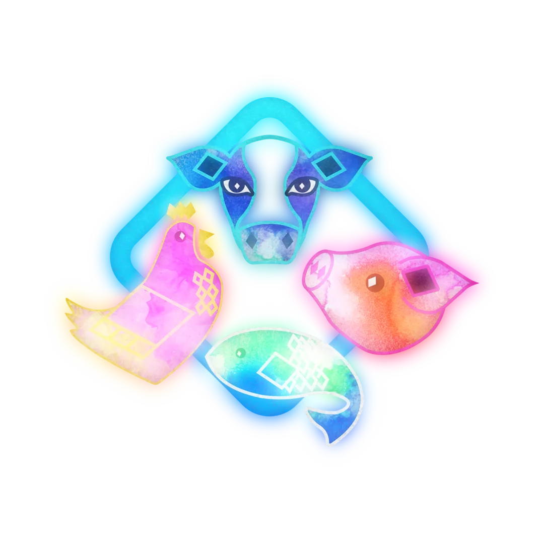The Solidarity Day logo: a cow, a chicken, a pig and a fish drawn in glowing watercolour around a neon diamond